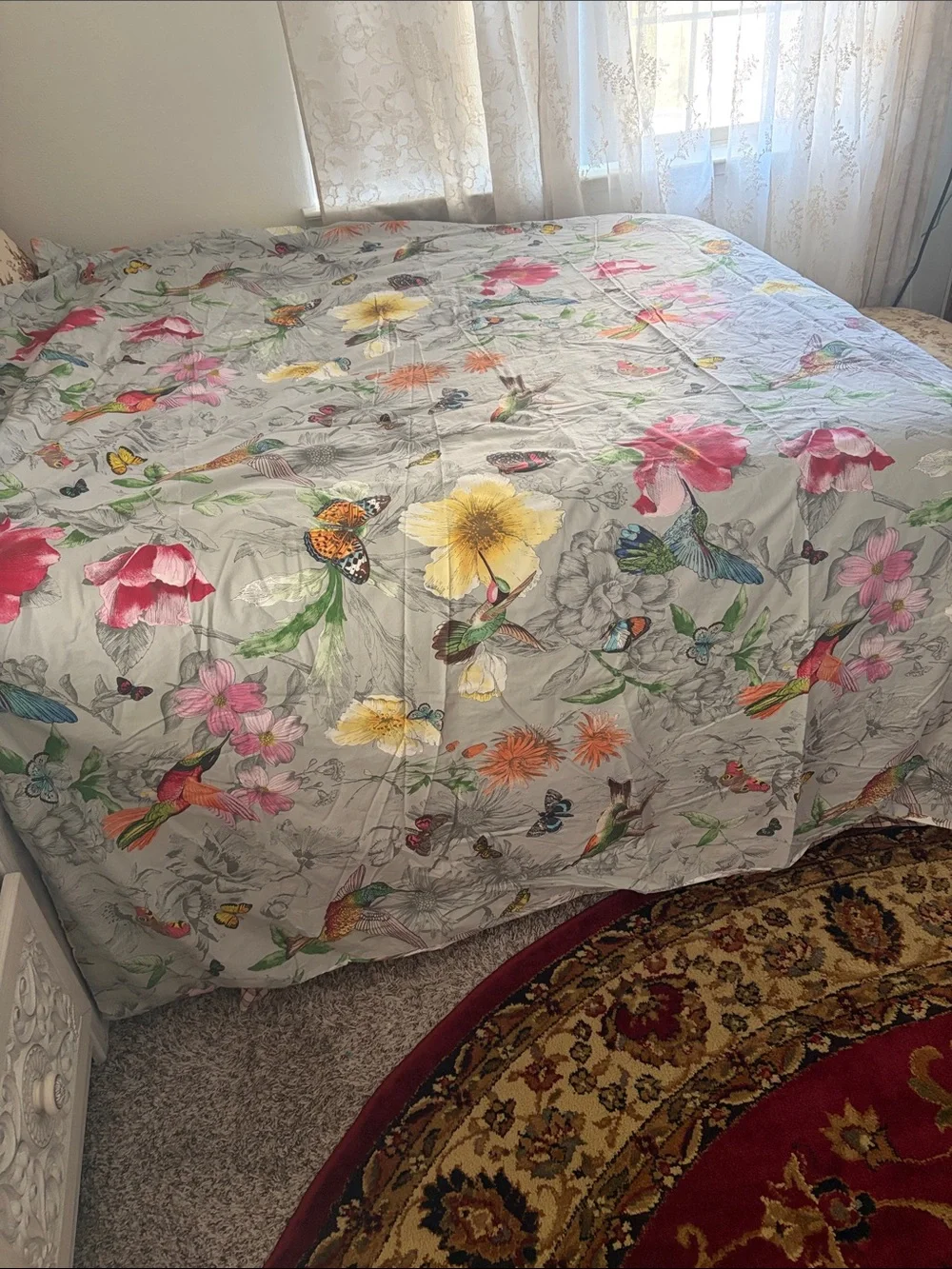 Pottery Barn Floral & Hummingbird Duvet Cover in Gray with Multicolor Accents